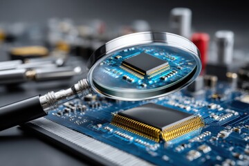 Detailed examination of a computer circuit board with magnifying glass, highlighting complex microchips and intricate electronic components for high-tech analysis.