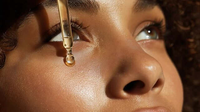 Close-up of a woman applying serum with a dropper, showcasing skincare routine and natural beauty