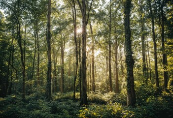 Fototapeta premium sunlight streams through a dense, verdant forest of tall trees, illuminating a lush undergrowth of ferns and wildflowers.