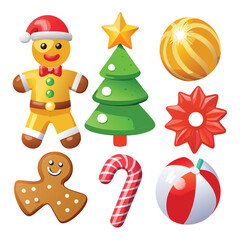 a collection of shiny, 3D-rendered Christmas icons, including a tree, gingerbread man, and candy cane on white  background