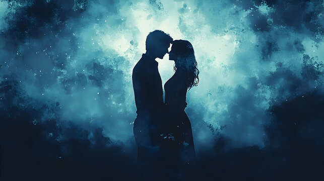 Naklejki Silhouettes of a loving couple embrace in a mystical blue light.