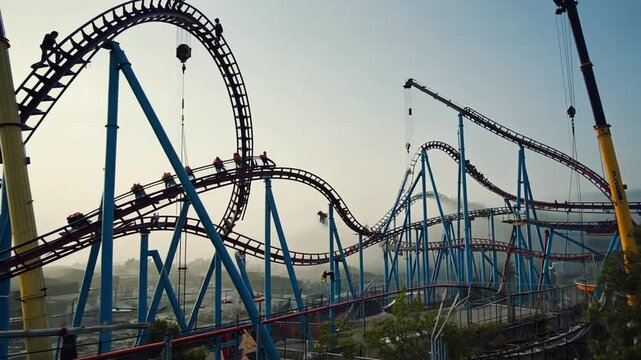 Construction of a roller coaster in a theme park.