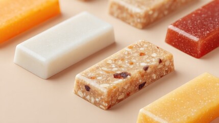 array of vibrant energy bars neatly arranged with ample copy space surrounding edges showcasing their different shapes