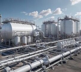 Hydrogen production facility with pipelines and tanks, industrial facility, chemical process, gas