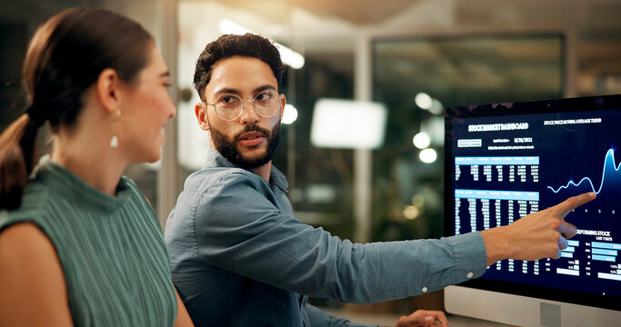 Team, business people and computer screen for stock market chart, investment data or growth in office at night. Tech, collaboration and financial broker with profit, IPO or trading stats on dashboard