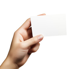 Obraz premium Hand holding postcard mockup isolated on white background. Letter, invitation, brochure, greeting template with place for text. 