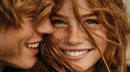 A young couple shares a tender moment outdoors, their smiles and windblown hair creating a romantic and intimate scene.