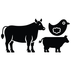 Farm Animals Cow, Calf, and Bird Silhouettes