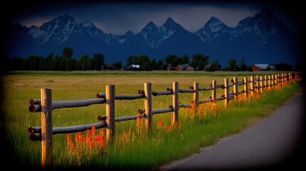 Rustic wooden fence in grassy field with orange wildflowers and snow-capped mountain backdrop
