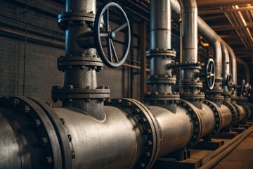 Closeup of large metal pipes and industrial valves dimly lit factory high detail industrial photography dark environment factory interior industrial components