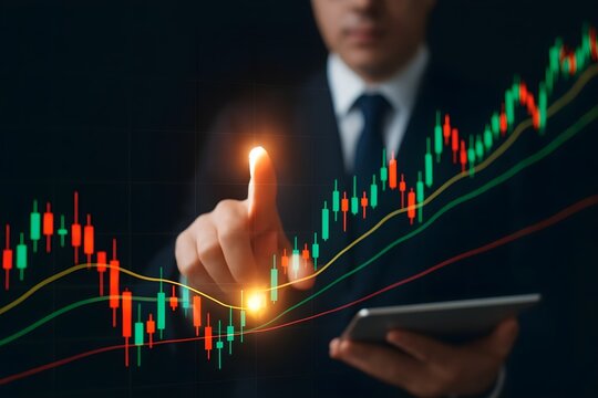 Businessman analyzing stock market data on a digital device. - Powered by Adobe