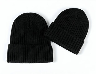 Two Black Knit Beanies On White Background