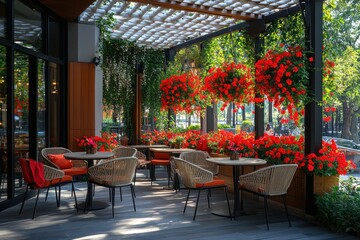 Obraz premium Outdoor cafe patio with red flowers, sunny day, city background, relaxing atmosphere