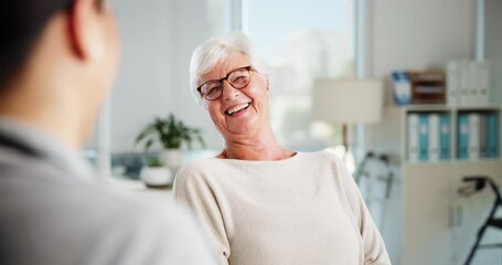 High five, doctor and old woman in office, healthcare and conversation with support, smile or treatment. Pensioner, medical advice or senior patient in hospital, hand gesture or service with feedback - Powered by Adobe