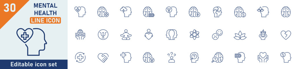 Mental Health line icon set. Set of 30 outline icons related to meditation, anxiety, psychologist, psychiatrist, depression, stress, therapy and others. Editable stroke. Vector illustration.