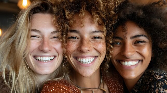 Three diverse young women with bright smiles pose closely together for a happy and cheerful portrait photograph.