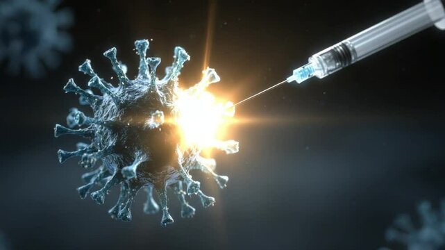 Close-up of a syringe injecting a vaccine into a virus, symbolizing medical advancements and health