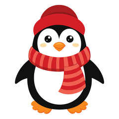 A cute penguin wearing a red hat and a striped scarf on white  background
