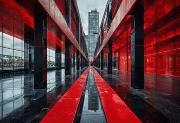 a symmetrical view down a modern building's hallway featuring a red floor and black pillars leading to a distant skyscraper under a cloudy sky.