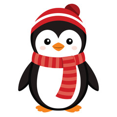A cute penguin wearing a red hat and a striped scarf on white  background
