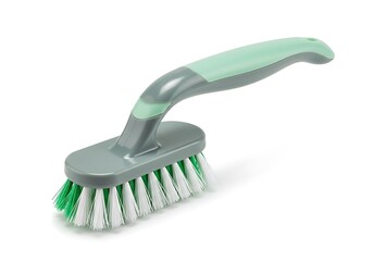 Close up of a gray and green scrub brush with white and green bristles on a white background