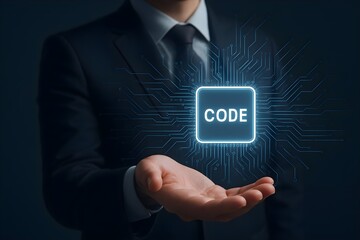 Businessman holding a glowing 'CODE' graphic, representing software development and digital innovation.