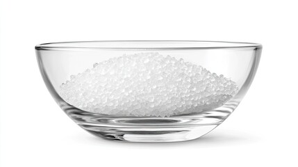 White Granulated Substance in Clear Glass Bowl on White Background