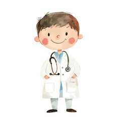watercolor illustration of boy doctor clipart isolated