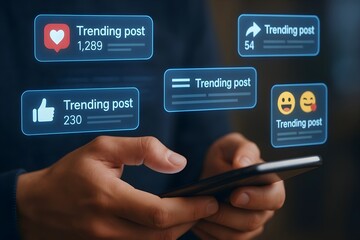Person using smartphone,  engaging with trending social media posts. Likes, shares, and comments.