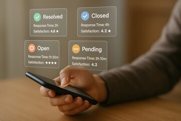 Person checks their phone's support requests, seeing statuses like resolved, closed, open, and pending with response times and satisfaction ratings.