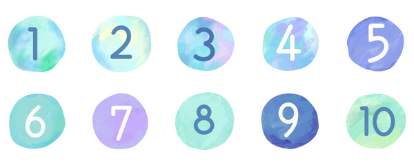 手描き水彩ブルーのナンバーアイコンセット　ベクターイラスト　白背景　数字　1～10　番号　テクスチャ　広告　チラシ　手書き