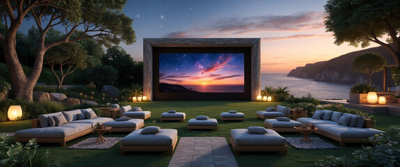 Luxurious outdoor cinema experience with sofa lounges and coastal sunset view