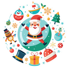 a festive array of Christmas icons, from jolly Santas to twinkling ornaments, all dancing in a digital snow globe on white  background
