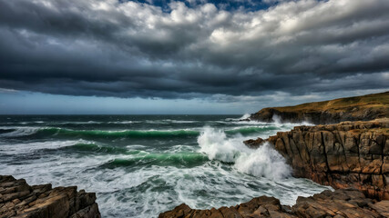 Obraz premium Powerful ocean waves crashing against dramatic coastal cliffs under a stormy sky.
