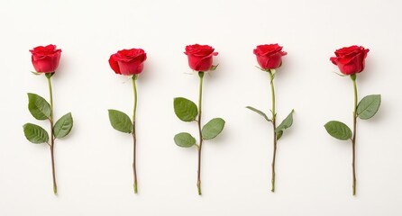 Red roses arranged in a line showcasing varying heights on white background
