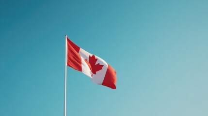 capture elegant red and white canadian flag gently waving in breeze against clear blue sky