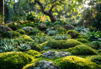 a lush garden landscape features vibrant green moss and small succulents nestled among weathered rocks and dappled sunlight filtering through a canopy of trees.