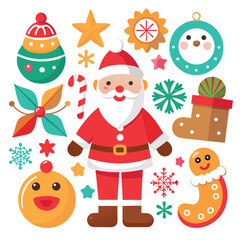 a collection of Christmas-themed illustrations, including Santa Claus, ornaments, wreaths, and gifts on white  background