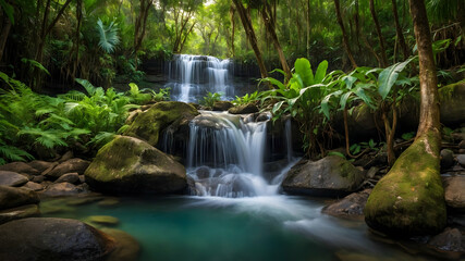 Fototapeta premium Serene Waterfall Cascading Through Lush Tropical Forest