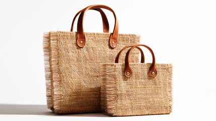 Two wicker bags of unlike sizes with leather handles and accents, solidification against a white background.