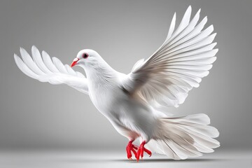 Obraz premium Majestic white dove in mid-flight showcasing vibrant red feet and wings spread wide on white background