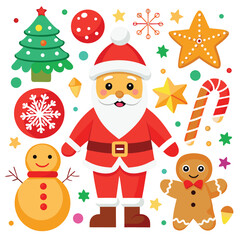 a collection of Christmas-themed illustrations, including Santa Claus, ornaments, wreaths, and gifts on white  background