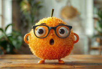 a whimsical, fuzzy orange character with large glasses and an open mouth stands on a wooden surface in a softly blurred indoor setting.