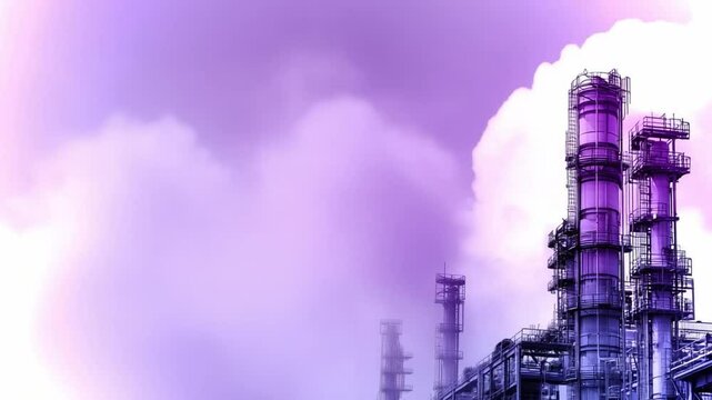 Industrial structures amidst purple clouds and vapor, showcasing modern eco-friendly technology