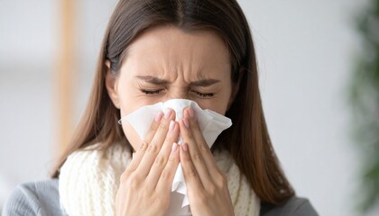 Woman Sneezing in a White Handkerchief or Tissue - Symptoms of being Ill or Sick - Bacteria and Sinus Infection - Influenza, Flu, Covid, Common Cold, Germs, Hay Fever, Unwell, Runny Nose, Allergy