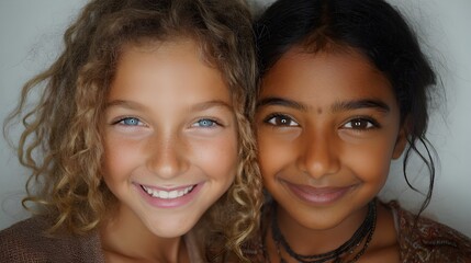Fototapeta premium Two smiling young girls with different ethnicities pose closely together for a cheerful portrait showcasing diverse beauty.