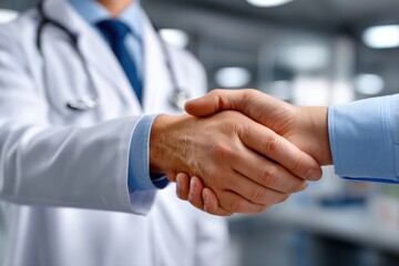 A doctor and a patient shaking hands, symbolizing trust and cooperation in healthcare, with a focus on their hands and the doctor's white coat, blue shirt and tie.