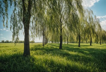 Fototapeta premium a row of weeping willow trees lines a lush green field under a bright blue sky with scattered clouds.