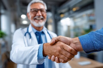 A senior doctor and patient shake hands in a hospital, symbolizing trust and partnership, smiling and wearing professional attire after successful treatment.