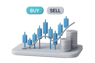 3D render of a stock market graph showing growth and profit with stacks of coins.
